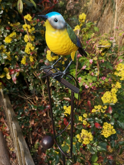 New Rocking Metal Blue Tit Bird Garden Ornament Statue Wind Sculpture