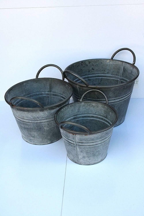 3X Round Vintage Zinc Galvanised Metal Garden Flower Planter Tub Pot Bucket