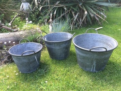 3X Round Vintage Zinc Galvanised Metal Garden Flower Planter Tub Pot Bucket (L)