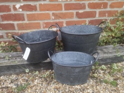 3X Vintage Oval Grey Zinc Galvanised Metal Garden Flower Planter Tub Pot Bucket